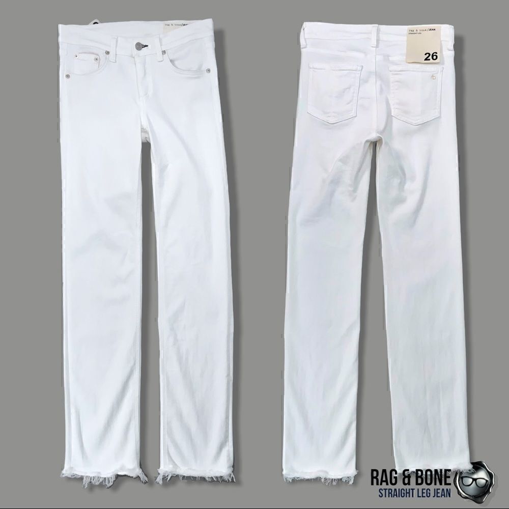 RAG & BONE STRAIGHT-LEG JEANS IN BRIGHT WHITE RAW FRAYED HEM WOMEN’S SIZE 26/2